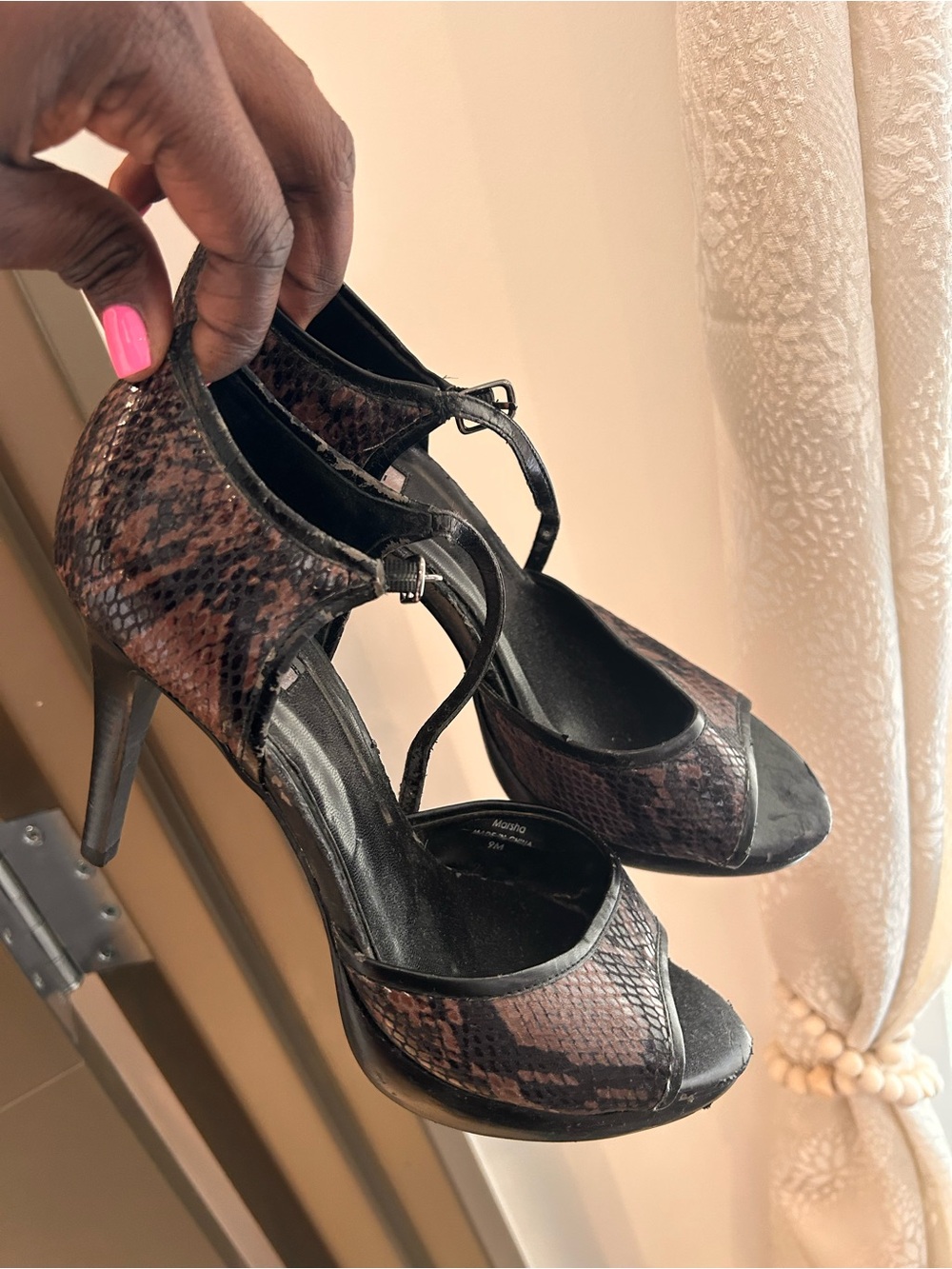 Tahari Women's Brown Snake-Print Peep-Toe Heels